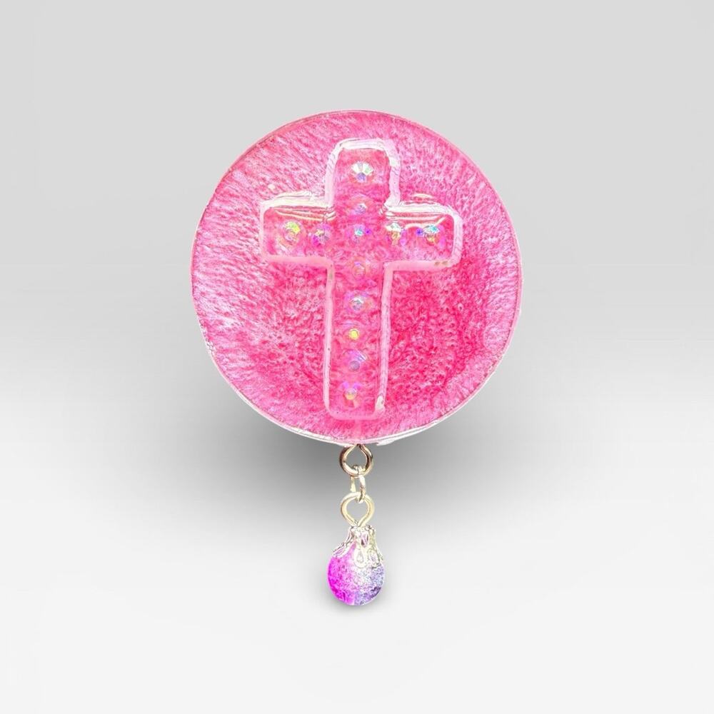 Handmade Resin Cross Magnet Faith Christian Gift Pink Rhinestone Cross w/ Bead - Picture 2 of 4